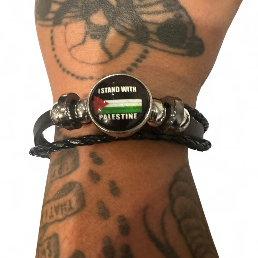 Black pleather bracelet with adjustable cords with flag & I stand with Palestine